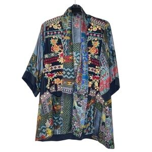 JOHNNY WAS KOBEN CANVAS EMBROIDERED KIMONO 100% SILK SZ M